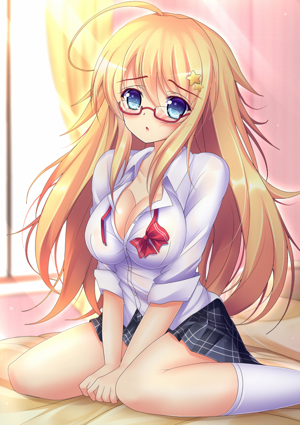 1girl :o ahoge bad_id bed blonde_hair blue_eyes breasts cleavage glasses hair_ornament hairpin large_breasts long_hair mikan_(5555) open_clothes open_shirt original red-framed_glasses school_uniform semi-rimless_glasses shirt sitting skirt sleeves_folded_up solo star under-rim_glasses wariza window