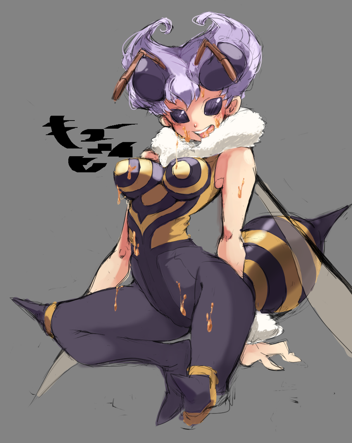 1girl antennae bare_shoulders bee bee_girl capcom grey_background honey insect_girl insect_wings iroyopon monster_girl pantyhose purple_hair q-bee sexually_suggestive short_hair simple_background solid_eyes solo vampire_(game) wings