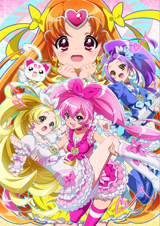 4girls blonde_hair blue_eyes blush boots bow carrying cat choker circlet cure_beat cure_melody cure_muse cure_muse_(yellow) cure_rhythm dress electric_guitar frills green_eyes guitar hair_ornament hair_ribbon heart houjou_hibiki hummy_(suite_precure) instrument jewelry knee_boots kurokawa_eren long_hair magical_girl midriff minamino_kanade multiple_girls open_mouth orange_hair pink_bow pink_hair pink_legwear precure princess_carry purple_hair red_eyes ribbon seiren_(suite_precure) shirabe_ako side_ponytail skirt smile suite_precure thigh-highs twintails yellow_dress yellow_eyes yellow_skirt zooya