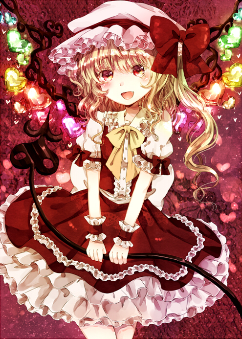 1girl alternate_wings blonde_hair blush bow fang female flandre_scarlet glowing glowing_wings hat hat_bow heart jaku_sono laevatein looking_at_viewer open_mouth puffy_sleeves red_eyes shirt short_sleeves side_ponytail skirt skirt_set smile solo touhou v_arms vest wings wrist_cuffs