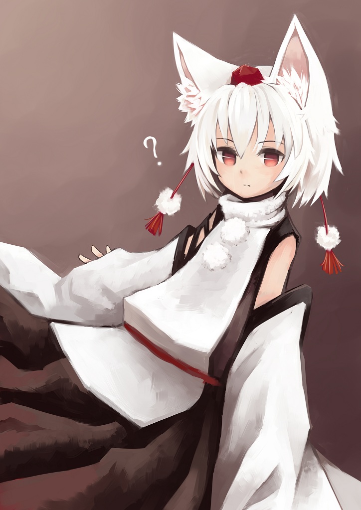 1girl ? animal_ears bare_shoulders detached_sleeves expressionless female hat inubashiri_momiji looking_at_viewer red_eyes short_hair solo tokin_hat touhou upper_body white_hair window1228 wolf_ears