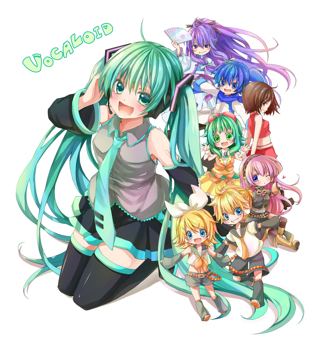 3boys 5girls ahoge belt blonde_hair blue_eyes blue_hair boots brother_and_sister brown_eyes brown_hair cross-laced_footwear detached_sleeves fan folding_fan goggles goggles_on_head green_eyes green_hair gumi hair_ornament hair_ribbon hairclip hatsune_miku headset heart kagamine_len kagamine_rin kaito kamui_gakupo knee_boots kneeling lace-up_boots leg_warmers long_hair megurine_luka meiko midriff momomochi multiple_boys multiple_girls necktie one_eye_closed open_mouth outstretched_arms pink_hair ponytail purple_hair ribbon short_hair shorts siblings simple_background skirt spread_arms thigh-highs thigh_boots twintails very_long_hair violet_eyes vocaloid white_background wink