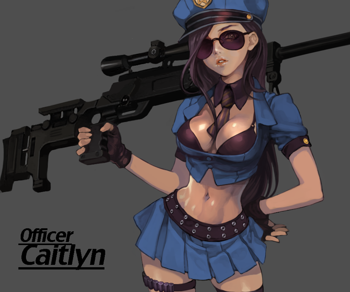 1girl alternate_costume between_breasts black_bra bra breasts brown_hair caitlyn_(league_of_legends) character_name cleavage collar crop_top elpenlit fingerless_gloves glasses gloves grey_background gun hand_on_hip hat league_of_legends long_hair midriff navel necktie officer_caitlyn open_clothes parted_lips peaked_cap police police_hat police_uniform policewoman rifle scope shiny shiny_skin skirt sniper_rifle solo sunglasses thigh_strap underwear uniform weapon