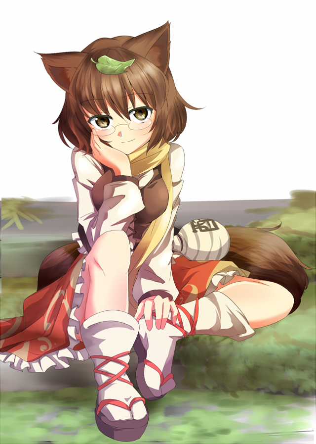 1girl animal_ears bad_id brown_eyes brown_hair chin_rest female futatsuiwa_mamizou glasses hand_on_own_face leaf leaf_on_head looking_at_viewer mitsuami object_on_head raccoon_ears raccoon_tail sandals scarf sitting tail touhou