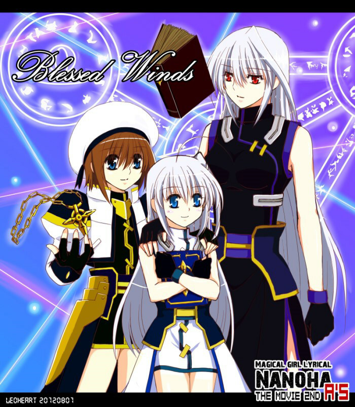 3girls blue_eyes book book_of_the_azure_sky brown_hair chains copyright_name cross dress english fingerless_gloves floating_book floating_object gloves hand_on_shoulder hat jacket leoheart long_hair lyrical_nanoha magic_circle magical_girl mahou_shoujo_lyrical_nanoha mahou_shoujo_lyrical_nanoha_a's mahou_shoujo_lyrical_nanoha_strikers mahou_shoujo_lyrical_nanoha_the_movie_2nd_a's multiple_girls red_eyes reinforce reinforce_zwei schwertkreuz short_hair side_slit silver_hair skirt smile time_paradox tome_of_the_night_sky very_long_hair yagami_hayate