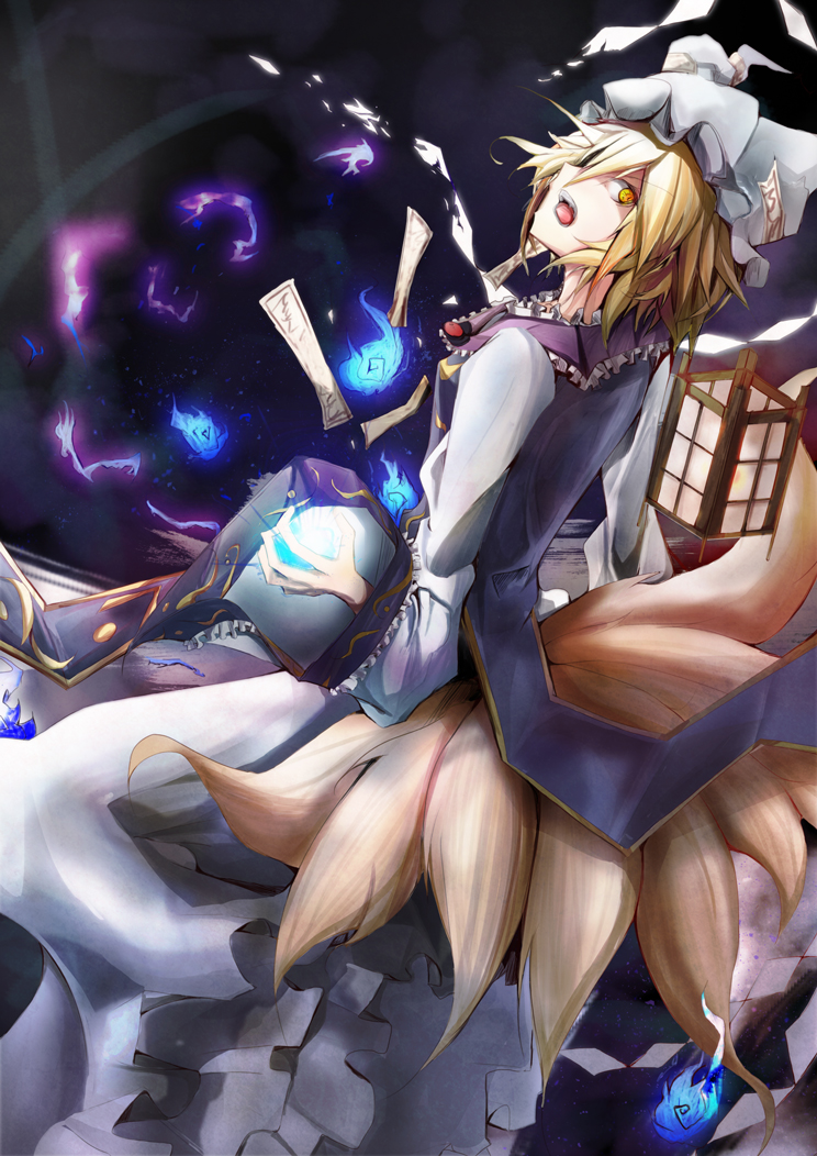 1girl animal_ears back blonde_hair blue_fire dress error female fire fireball fox_ears fox_tail hat looking_back multiple_tails ofuda open_mouth short_hair solo tail toufu_koubou touhou yakumo_ran yellow_eyes