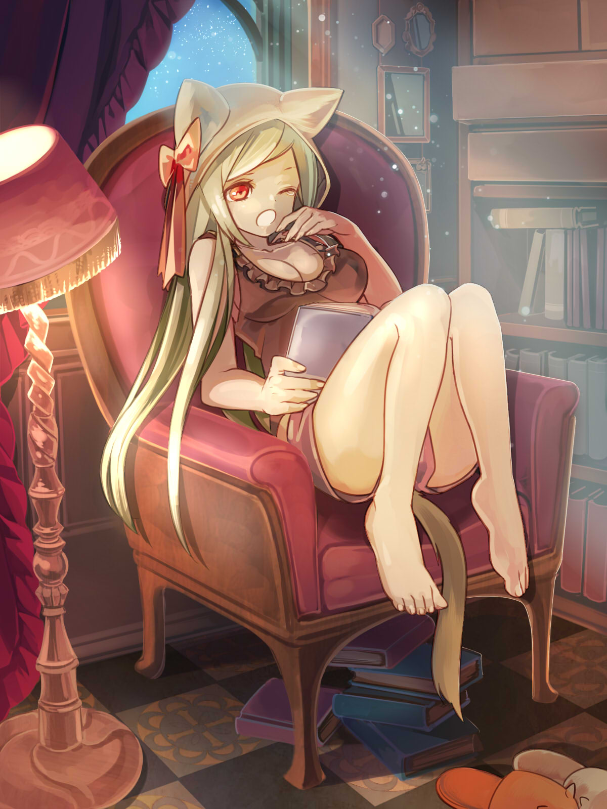 1girl animal_ears animal_hat barefoot blonde_hair book breasts cat_ears cat_hat cat_tail checkered checkered_floor cleavage drowsy feet feet_on_chair floor hat highres lamp legs light_particles long_hair glasseskko_kurabu moonlight night open_mouth original reading red_eyes ribbon shorts sitting slippers solo tail tears yawning