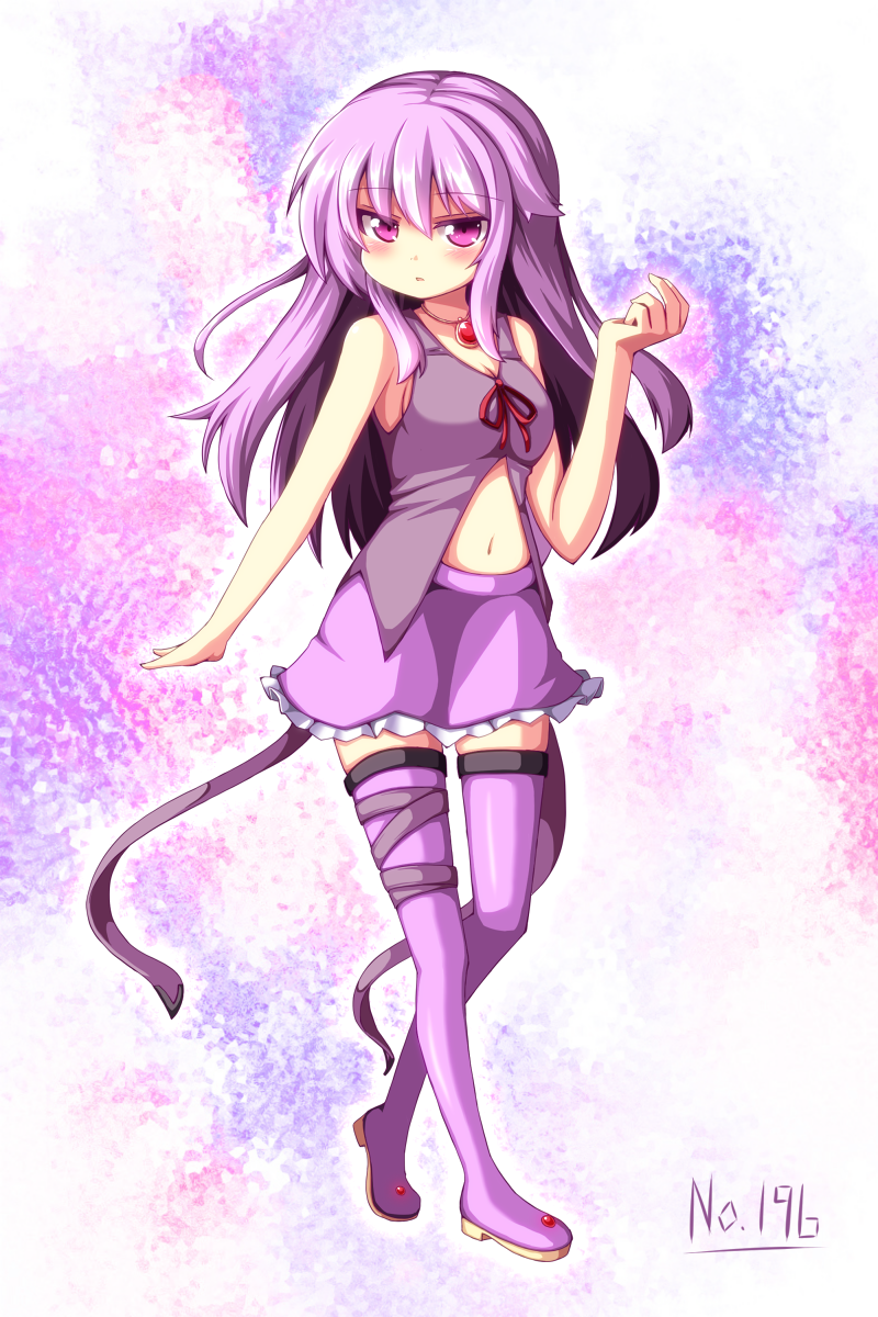 1girl boots espeon highres long_hair navel ominaeshi_(takenoko) personification pokemon purple_hair solo thigh-highs thigh_boots violet_eyes