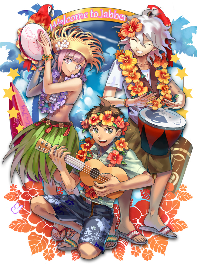 1girl 2boys bad_id bikini_top bird closed_eyes dangan_ronpa drum english flower grass_skirt hair_flower hair_ornament hinata_hajime holy_pumpkin instrument jewelry komaeda_nagito lei macaw monokuma monomi_(dangan_ronpa) multiple_boys nanami_chiaki navel parrot sandals scarlet_macaw shorts smile super_dangan_ronpa_2 tambourine