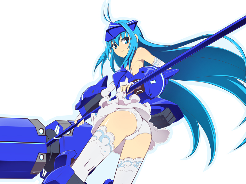 1girl antenna_hair armor ass bare_shoulders blue_hair breastplate caryo elbow_gloves fingerless_gloves forehead_protector fusion gloves hammer long_hair looking_back nanashino short_shorts shorts simple_background skirt solo thigh-highs very_long_hair vividblue vividred_operation white_background white_gloves white_legwear