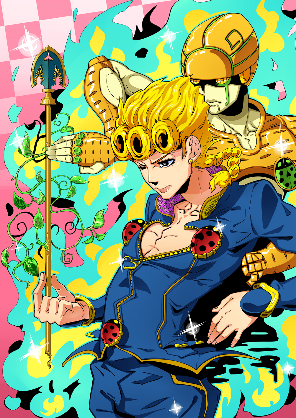 2boys arrow blonde_hair blue_eyes giorno_giovanna gold_experience highres jojo_no_kimyou_na_bouken ladybug male_focus multiple_boys stand_(jojo) tonegawa_ribu vines