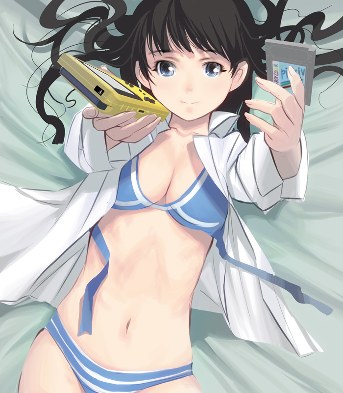1girl bed black_hair blue_eyes breasts game_boy handheld_game_console light_smile long_hair looking_at_viewer lying masao navel on_back open_clothes open_shirt original panties pixiv shirt solo striped striped_panties underwear