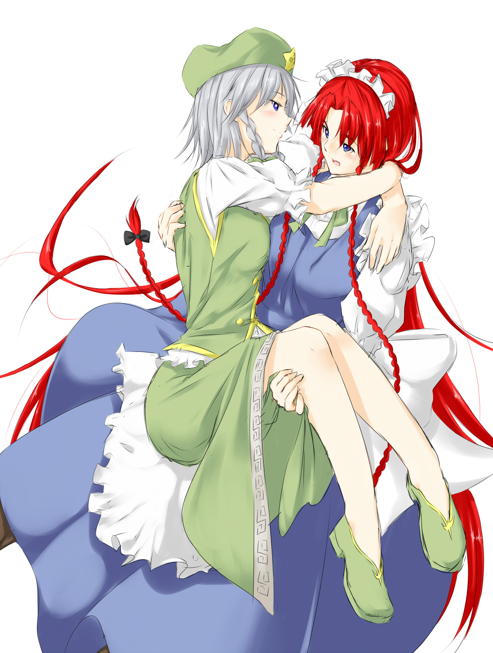 2girls alternate_costume arms_around_neck blue_eyes braid carrying cosplay costume_switch couple enmaided expressive_clothes female hat highres hong_meiling hong_meiling_(cosplay) hug izayoi_sakuya izayoi_sakuya_(cosplay) long_hair maid maid_headdress multiple_girls niwatazumi princess_carry short_hair silver_hair smile star touhou twin_braids very_long_hair yuri