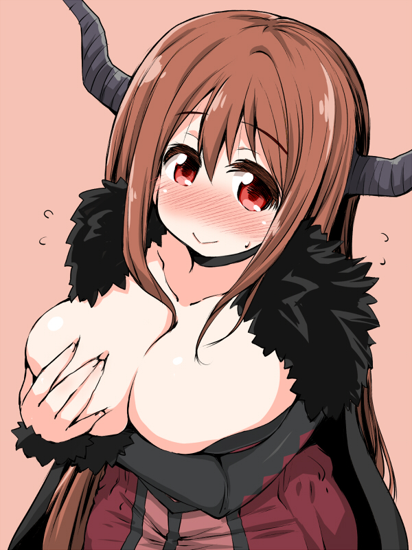 1girl :&gt; blush breasts brown_hair cape choker cleavage covering covering_breasts dress flying_sweatdrops fur_trim horns large_breasts long_hair looking_at_viewer maou_(maoyuu) maoyuu_maou_yuusha naitou_kouse red_eyes smile solo