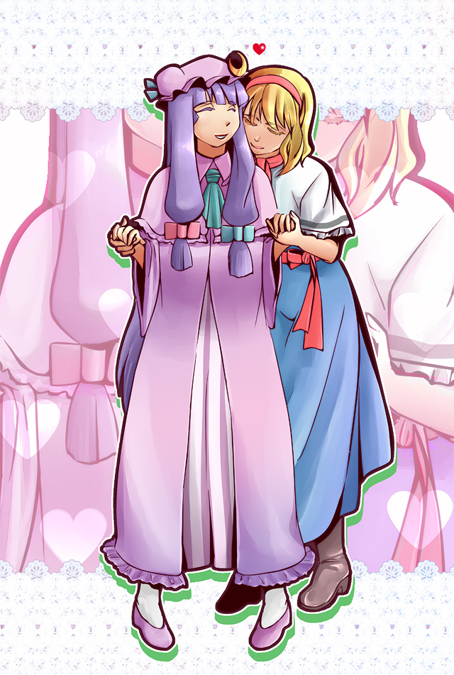 2girls alice_margatroid blonde_hair boots bow capelet closed_eyes crescent dress female hair_bow hairband hand_holding hat heart hug hug_from_behind jii_baa long_hair multiple_girls patchouli_knowledge pigeon-toed purple_hair short_hair sidelocks smile touhou vertical_stripes very_long_hair yuri zoom_layer