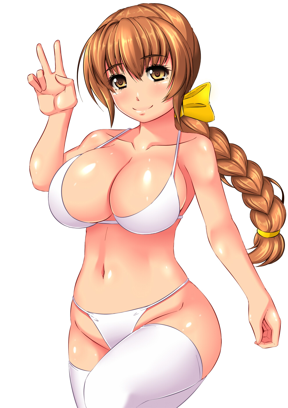 1girl bare_shoulders bikini bow braid breasts brown_eyes brown_hair cleavage collarbone curvy dead_or_alive hair_bow highres huge_breasts kasumi_(doa) long_hair low-tied_long_hair myougi_kuraganosuke navel panties plump sideboob simple_background single_braid smile strap_gap swimsuit tecmo thigh-highs thong tied_hair underwear v white_background white_bikini white_legwear white_swimsuit