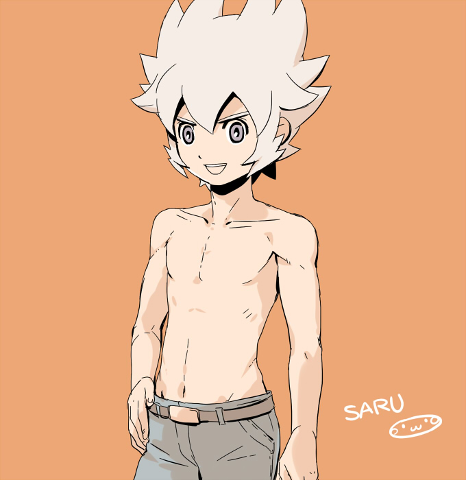 1boy belt inazuma_eleven_(series) inazuma_eleven_go inazuma_eleven_go_chrono_stone male_focus mizuhara_aki navel open_mouth saryuu_evan shirtless simple_background solo