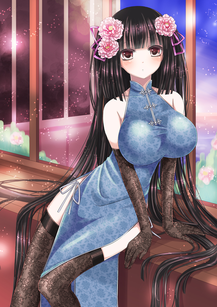 1girl absurdly_long_hair arm_support bare_shoulders black_hair blush breasts china_dress chinese_clothes collarbone dress elbow_gloves female fishnets flower gloves hair_flower hair_ornament hime_cut hiroharu huge_breasts itsumoto_hiroharu leaning_forward long_hair original panties shadow shirt side-tie_panties side_slit sitting solo taut_clothes taut_shirt thigh-highs underwear very_long_hair