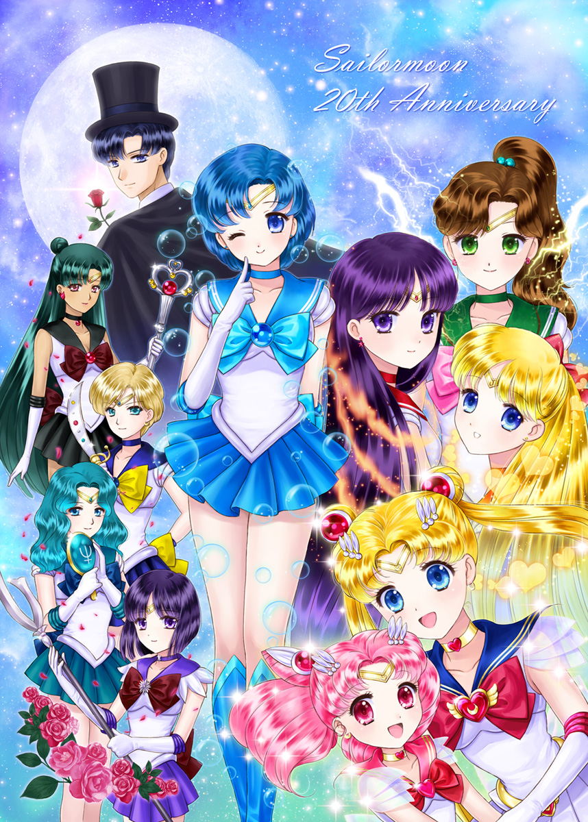 1boy 6+girls 90s :d aino_minako anniversary bangs bishoujo_senshi_sailor_moon bishoujo_senshi_sailor_moon_s bishoujo_senshi_sailor_moon_supers black_hair blonde_hair blue_bow blue_eyes blue_hair blue_skirt boots bow brooch brown_bow brown_hair bubble chiba_mamoru chibi_usa choker copyright_name dagger deep_aqua_mirror double_bun earrings elbow_gloves electricity fire flower full_moon glitter gloves green_eyes green_hair hair_bun hair_ornament hairclip hat heart highres hino_rei jewelry kaiou_michiru kino_makoto knee_boots long_hair looking_back meiou_setsuna miniskirt mirror mizuha_(aqua_no_hane) mizuno_ami moon multiple_girls neptune_symbol one_eye_closed open_mouth parted_bangs pink_eyes pink_hair pleated_skirt ponytail purple_hair purple_skirt red_bow rose sailor_chibi_moon sailor_collar sailor_jupiter sailor_mars sailor_mercury sailor_moon sailor_neptune sailor_pluto sailor_saturn sailor_senshi sailor_uranus sailor_venus short_hair silence_glaive skirt smile space_sword staff super_sailor_chibi_moon super_sailor_moon ten'ou_haruka tiara tomoe_hotaru top_hat tsukino_usagi tuxedo_kamen twintails violet_eyes weapon white_gloves wink yellow_bow