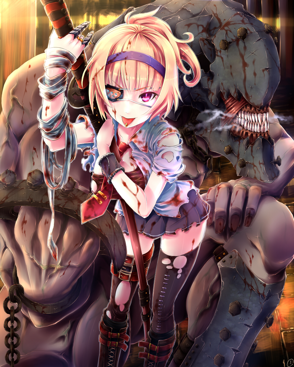 1girl amatelas bandage blonde_hair blood boots breasts combat_s-ko cuffs eyepatch hairband highres jewelry knee_boots large_breasts manacles monster necktie original piercing pink_eyes ring shackles sheath skirt solo sword teeth thigh-highs tongue_piercing torn_clothes weapon zettai_ryouiki