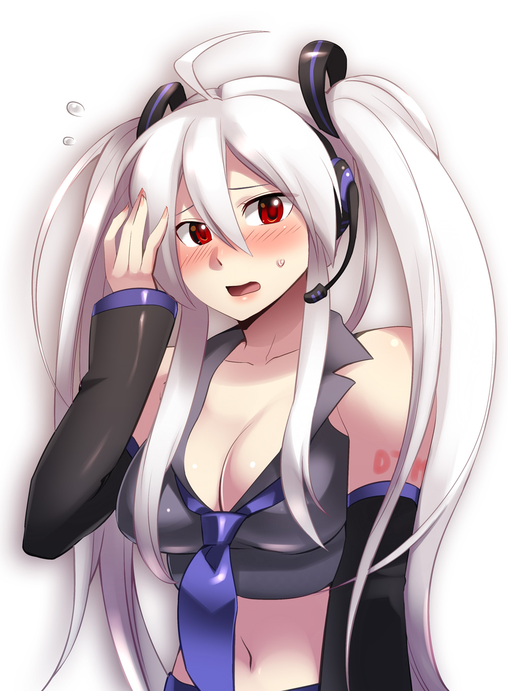 1girl ahoge blush breasts caffein cleavage detached_sleeves fingernails headset highres long_fingernails long_hair looking_at_viewer midriff navel open_mouth red_eyes silver_hair solo surprised sweatdrop twintails upper_body very_long_hair vocaloid yowane_haku