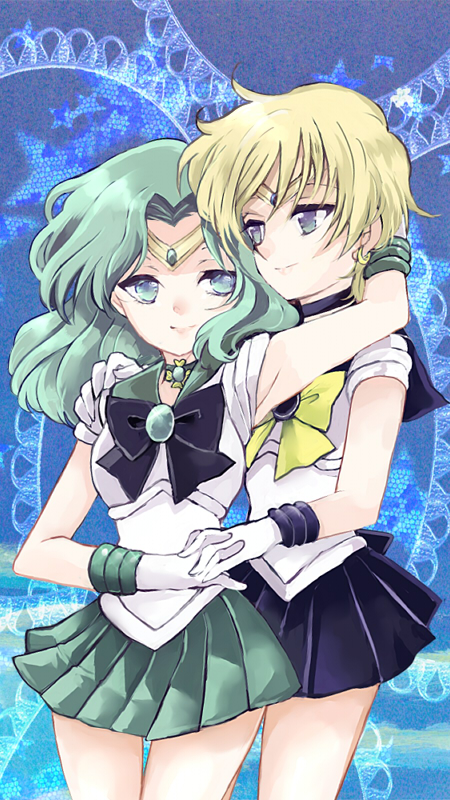 2girls 90s bishoujo_senshi_sailor_moon blonde_hair blue_eyes blue_skirt bow choker earrings gloves green_eyes green_hair jewelry kaiou_michiru long_hair magical_girl multiple_girls outer_senshi sailor_collar sailor_neptune sailor_senshi sailor_uranus short_hair shuu_(shu-nm) skirt ten'ou_haruka tiara yellow_bow yuri