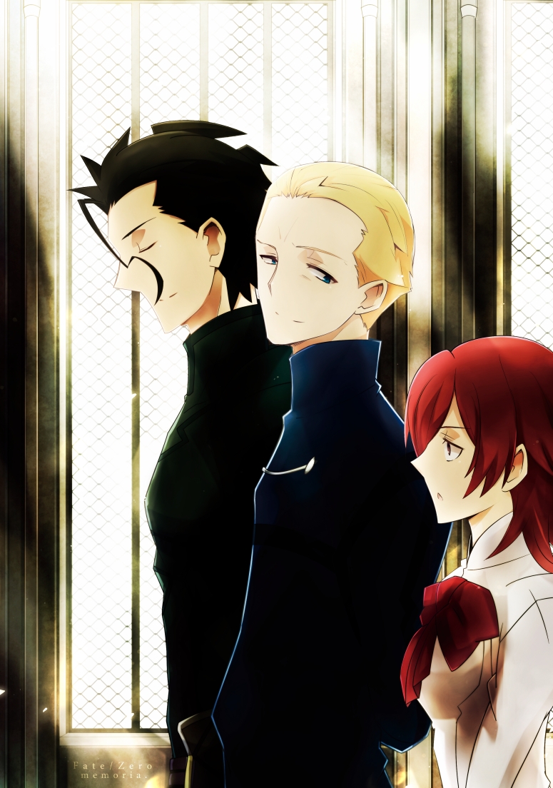 1girl 2boys ahoge black_hair blonde_hair blue_eyes bow fate/zero fate_(series) kayneth_archibald_el-melloi lancer_(fate/zero) multiple_boys nogi_(acclima) redhead short_hair sola-ui_nuada-re_sophia-ri