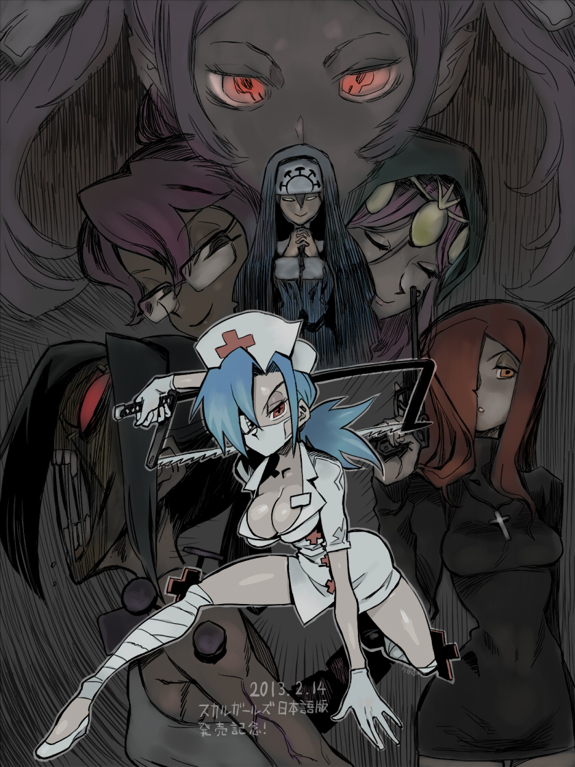 10s 2013 6+girls aeon_(skullgirls) arm_support bandage black_hair blue_hair breasts cleavage cross dark dated double_(skullgirls) dress expressionless eyepatch flats folded_ponytail glasses gun habit hair_over_one_eye handgun hands_clasped hat kusada large_breasts mask multiple_girls nun nurse nurse_cap one_knee painwheel_(skullgirls) parasoul_(skullgirls) pistol ponytail pose purple_hair red_eyes redhead saw screaming short_dress skullgirls surgical_mask translation_request twintails valentine_(skullgirls) venus_(skullgirls) vice-versa_(skullgirls) weapon