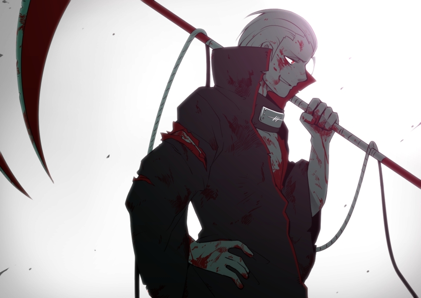 1boy bad_id blood cuts hidan injury mackerel_(artist) mackerel_(sabanoneko) male_focus naruto naruto_shippuuden red_eyes rope scythe solo torn_clothes white_hair