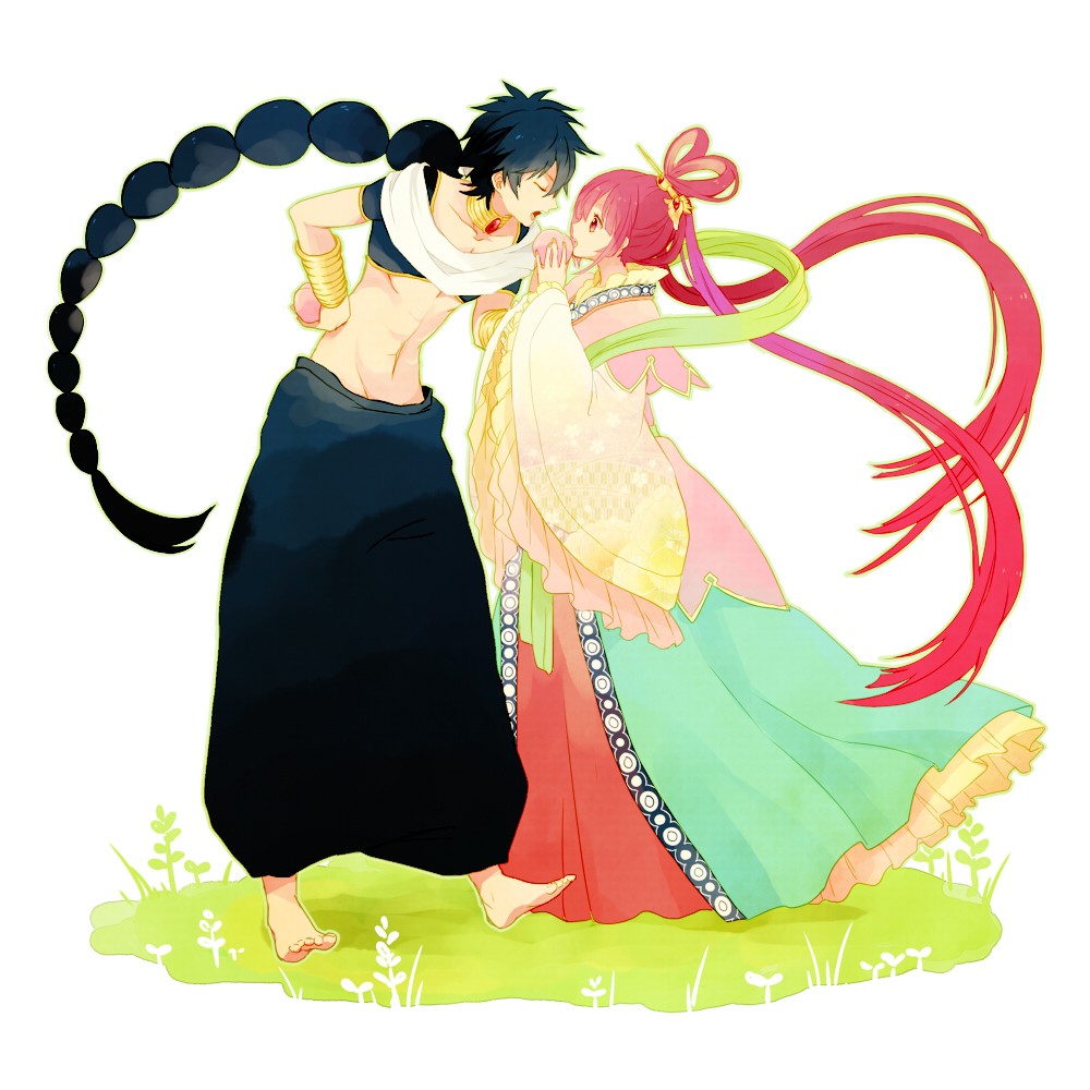 1boy 1girl black_hair braid chinese_clothes closed_eyes food fruit hair_ornament hair_rings hair_stick jewelry judal long_hair lots_of_jewelry magi_the_labyrinth_of_magic neck_ring open_mouth peach red_eyes redhead ren_kougyoku single_braid yy888s