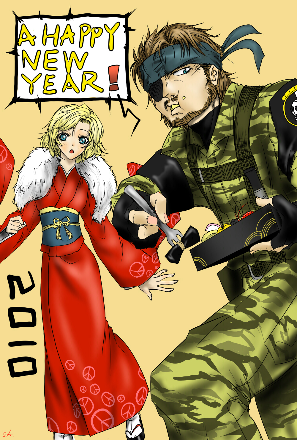 10s 1boy 1girl 2010 beard big_boss blonde_hair blue_eyes brown_hair camouflage eating eyepatch facial_hair fingerless_gloves food food_on_face fork ga.b geta gloves happy_new_year headband highres japanese_clothes kimono metal_gear_(series) metal_gear_solid_peace_walker military military_uniform mustache new_year obi paz_ortega_andrade rice rice_on_face sash short_hair socks sushi uniform