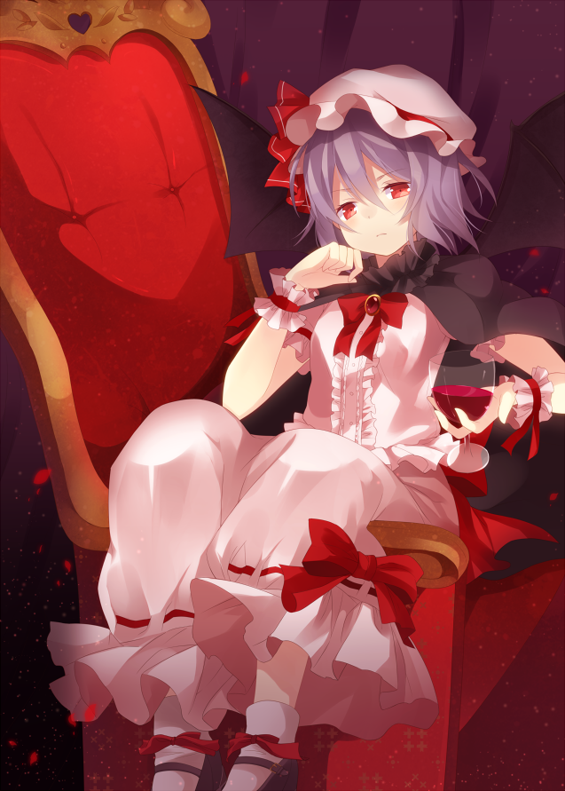 1girl alcohol bat_wings cape chair cup dress female hat hat_ribbon looking_at_viewer marotti mary_janes purple_hair red_eyes red_upholstery remilia_scarlet ribbon shoes short_hair sitting solo touhou white_legwear wine wine_glass wings wrist_cuffs