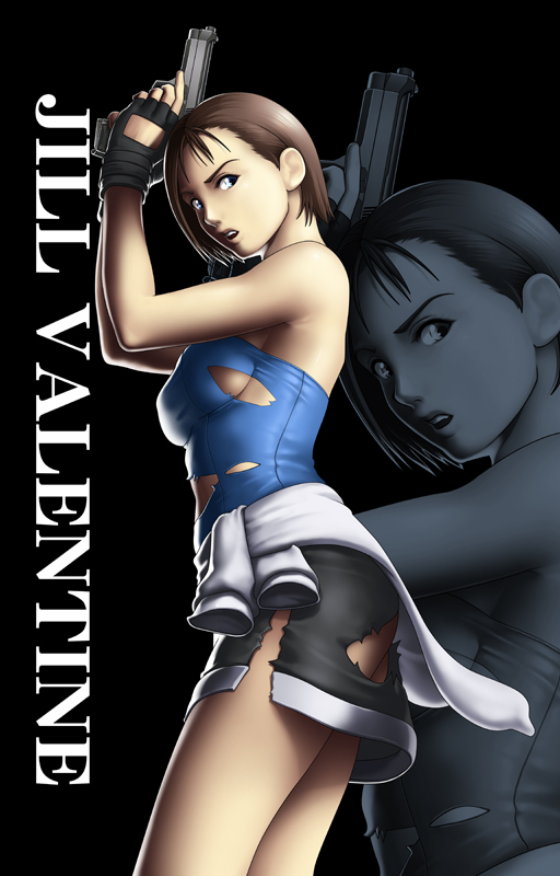 1girl :o bare_shoulders beretta_92 blue_eyes breasts brown_hair casual character_name clothes_around_waist fingerless_gloves gloves gun handgun jill_valentine miniskirt no_bra pencil_skirt pistol resident_evil resident_evil_3 short_hair sideboob skirt solo strapless sweater sweater_around_waist thor_(deep_rising) torn_clothes torn_skirt trigger_discipline tubetop weapon zoom_layer