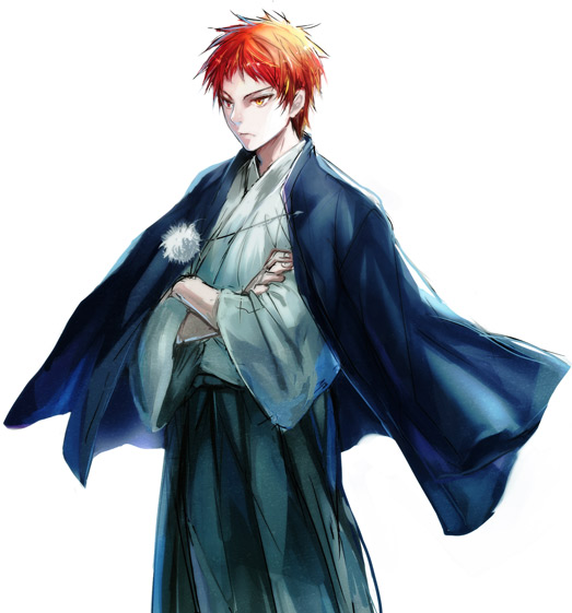 1boy akashi_seijuurou crossed_arms hakama heterochromia jacket_on_shoulders japanese_clothes kuroko_no_basuke male_focus red_eyes redhead short_hair solo yellow_eyes yuruya_(emlot)