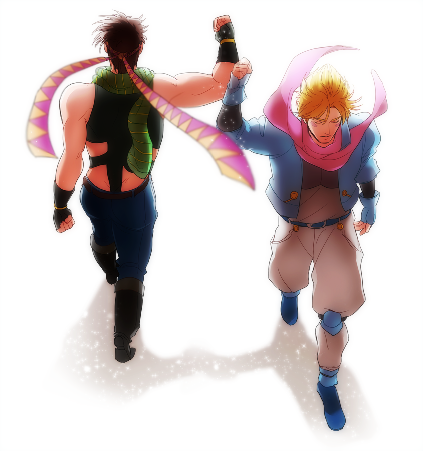 2boys battle_tendency black_hair blonde_hair blue_jacket blue_shoes boots brown_shoes caesar_anthonio_zeppeli crop_top cropped_jacket facial_mark feathers fingerless_gloves gloves hand_off headband headwear_removed isamu jacket jojo_no_kimyou_na_bouken joseph_joestar_(young) knee_pads male_focus midriff multiple_boys ribbon scarf shoes sleeve striped striped_scarf walking white_pants