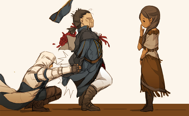 1girl 2boys assassin's_creed assassin's_creed_(series) assassin's_creed_iii bouquet brown_hair cape coat connor_kenway family father_and_son flower fringe gloves hat haytham_kenway hood kanchou kanieht&iacute;:io kaniehti:io long_hair mother_and_son multiple_boys sunny_(mnbvjkuy) time_paradox tricorne