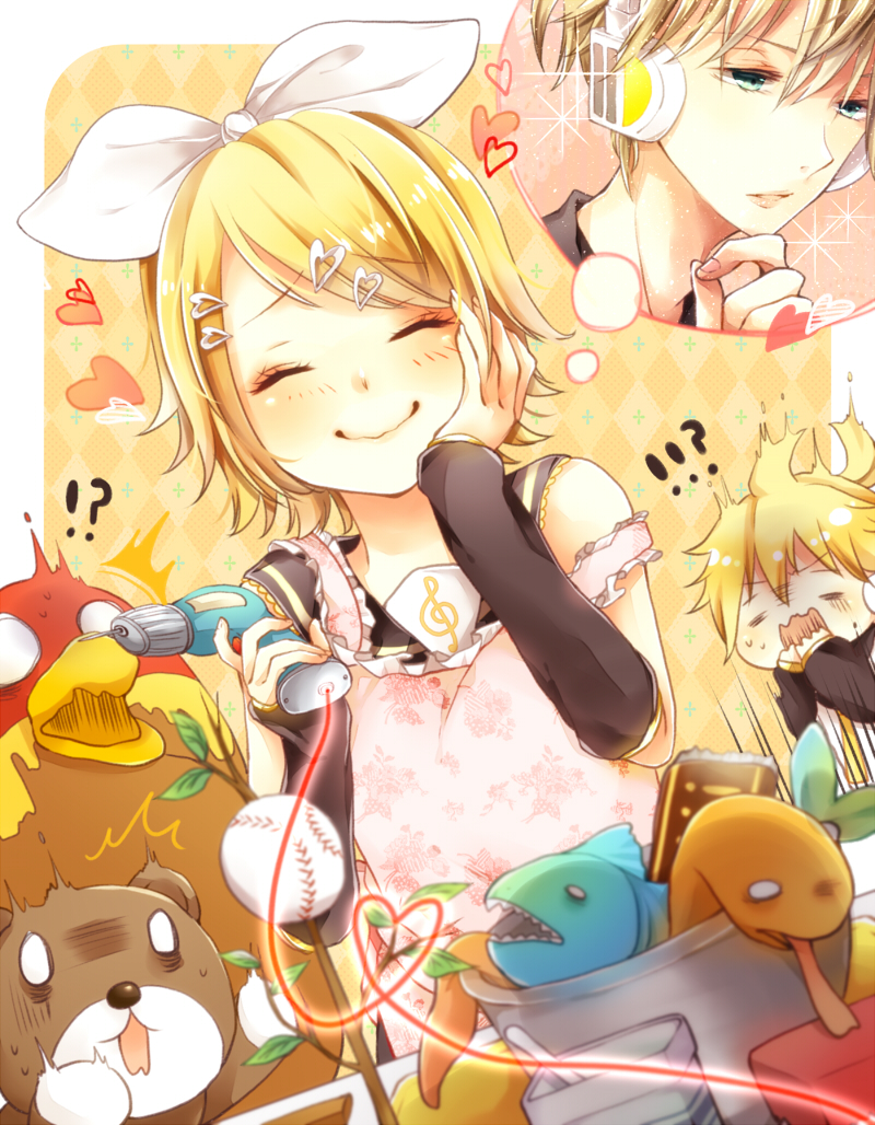 ! 1boy 1girl ? apron arm_warmers bare_shoulders baseball bear bird blonde_hair blush brother_and_sister closed_eyes electric_screwdriver fish green_eyes hair_ornament hair_ribbon hairclip headphones heart imagining kagamine_len kagamine_rin n_(nico_ed) necktie open_mouth ribbon short_hair siblings smile snake thought_bubble tools twins vocaloid