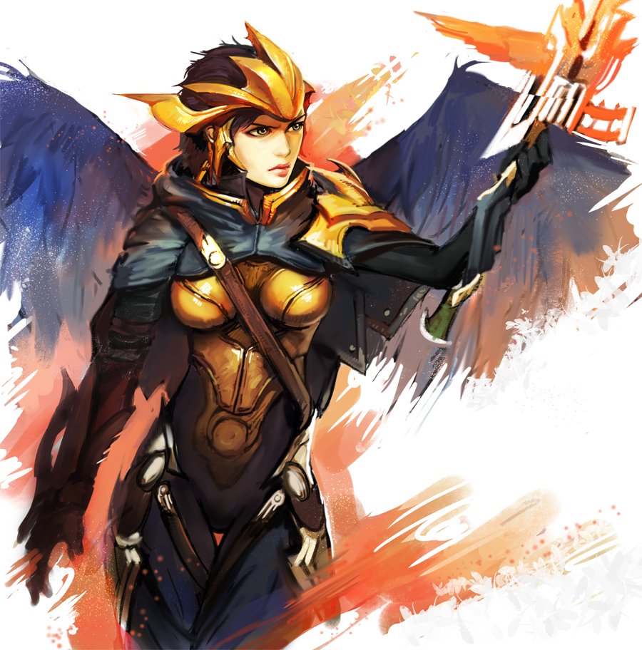 1girl armor bad_id black_hair bow_(weapon) breastplate brown_hair crossbow forehead_protector league_of_legends quinn short_hair solo weapon wings yy6242
