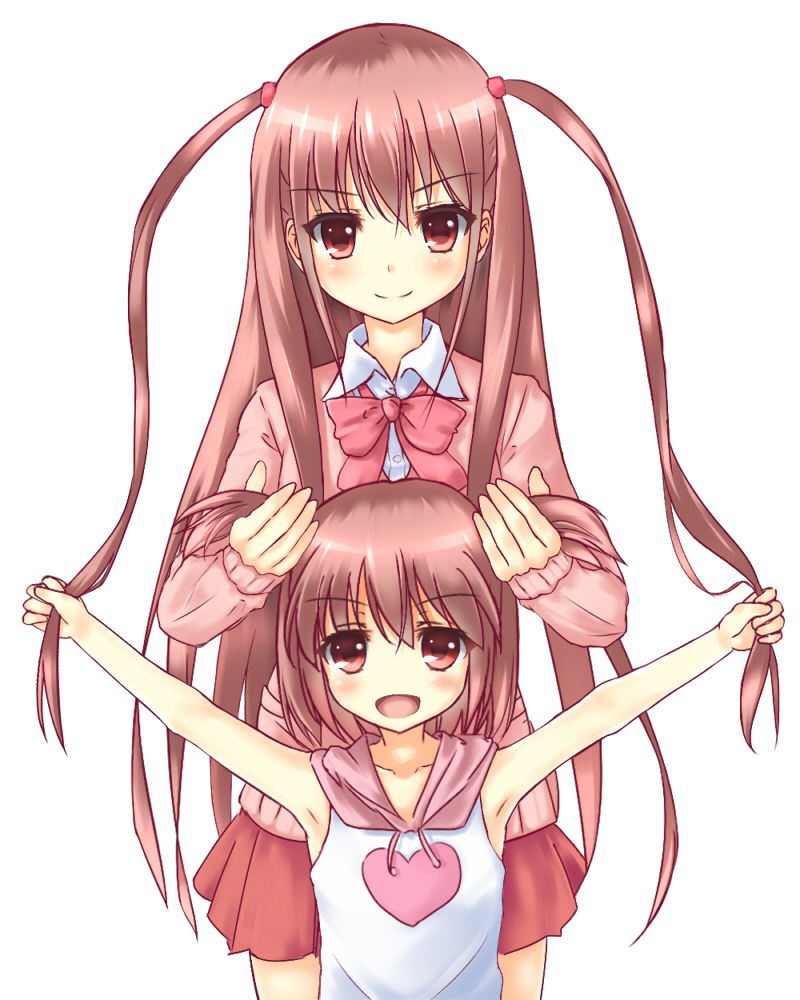 2girls :d armpits atarashi_ako blush bow bowtie brown_hair bunching_hair cardigan dress_shirt dual_persona heart hizumi_(hizumi398) holding hood hoodie long_hair looking_at_viewer miniskirt multiple_girls open_mouth pleated_skirt red_eyes saki saki_achiga-hen shirt short_twintails skirt smile standing time_paradox twintails two_side_up white_shirt