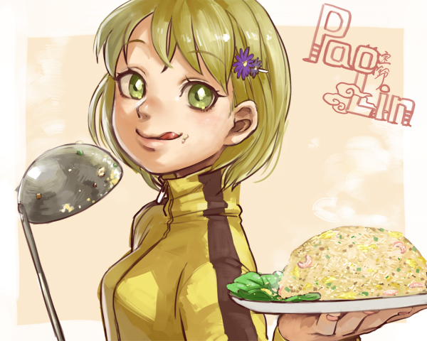 1girl blonde_hair bruce_lee's_jumpsuit flower food food_on_face fried_rice green_eyes hair_flower hair_ornament hairclip huang_baoling ladle licking_lips m-929 short_hair solo tiger_&amp;_bunny tongue tongue_out