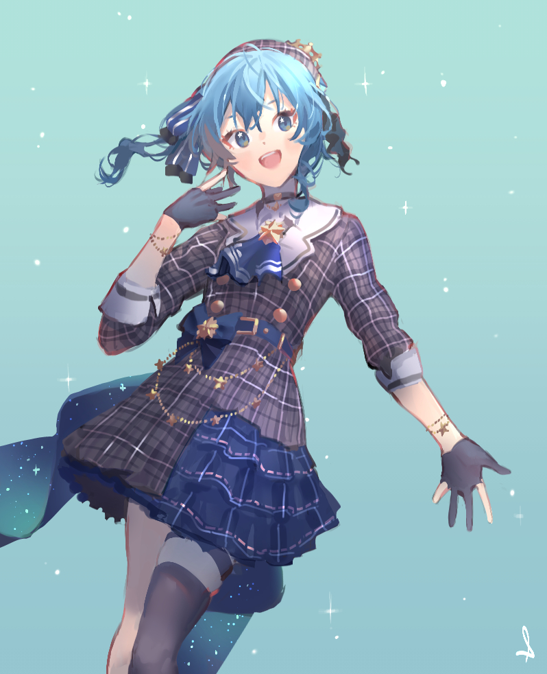 1girl ;d aqua_background belt black_gloves blue_eyes blue_hair blue_neckwear bow bracelet buttons choker cowboy_shot double-breasted dress gloves hair_between_eyes hat hololive hoshimachi_suisei jewelry one_eye_closed open_mouth outstretched_arm outstretched_hand partially_fingerless_gloves plaid plaid_dress plaid_headwear shijohane sleeve_cuffs smile solo sparkle star_(symbol) star_bracelet star_in_eye starry_sky_print symbol_in_eye uneven_legwear virtual_youtuber wide_ponytail