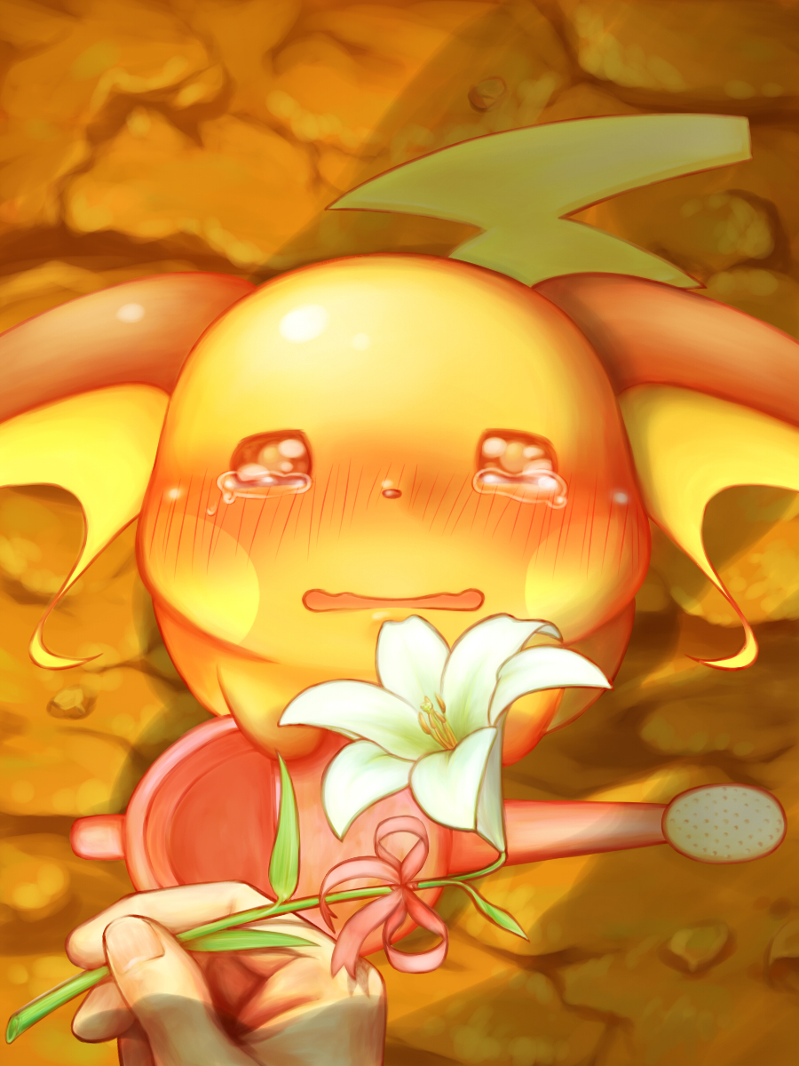 blush cafe_(chuu_no_ouchi) flower hands highres lily_(flower) no_humans pokemon pokemon_(creature) raichu solo_focus tears