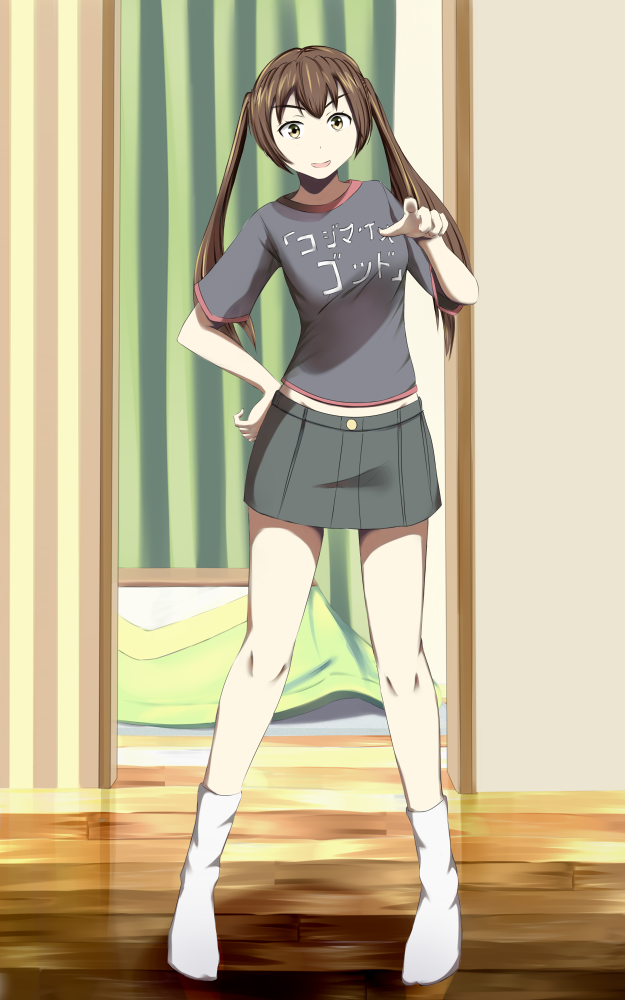 1girl brown_eyes brown_hair casual clothes_writing hand_on_hip long_hair metal_gear_(series) metal_gear_solid minami-ke minami_kana parody pointing pointing_at_viewer shirt sig_(sfried) skirt socks solo t-shirt text translated twintails