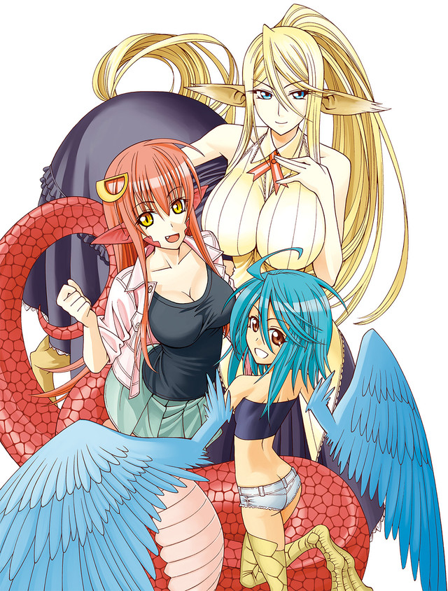 3girls ahoge animal_ears back blonde_hair blue_eyes blue_hair blue_wings breasts brown_eyes butt_crack centaur centorea_shianus cutoffs denim denim_shorts fang feathered_wings flat_chest hair_ornament hairclip harpy horse_ears huge_breasts impossible_clothes inui_takemaru jacket lamia large_breasts long_hair long_skirt miia_(monster_musume) monster_girl monster_musume_no_iru_nichijou multiple_girls official_art okayado open_clothes open_jacket papi_(monster_musume) pleated_skirt pointy_ears ponytail redhead scales shorts skirt sleeveless sleeves_rolled_up slit_pupils smile snake_tail strapless tail tubetop very_long_hair wings yellow_eyes