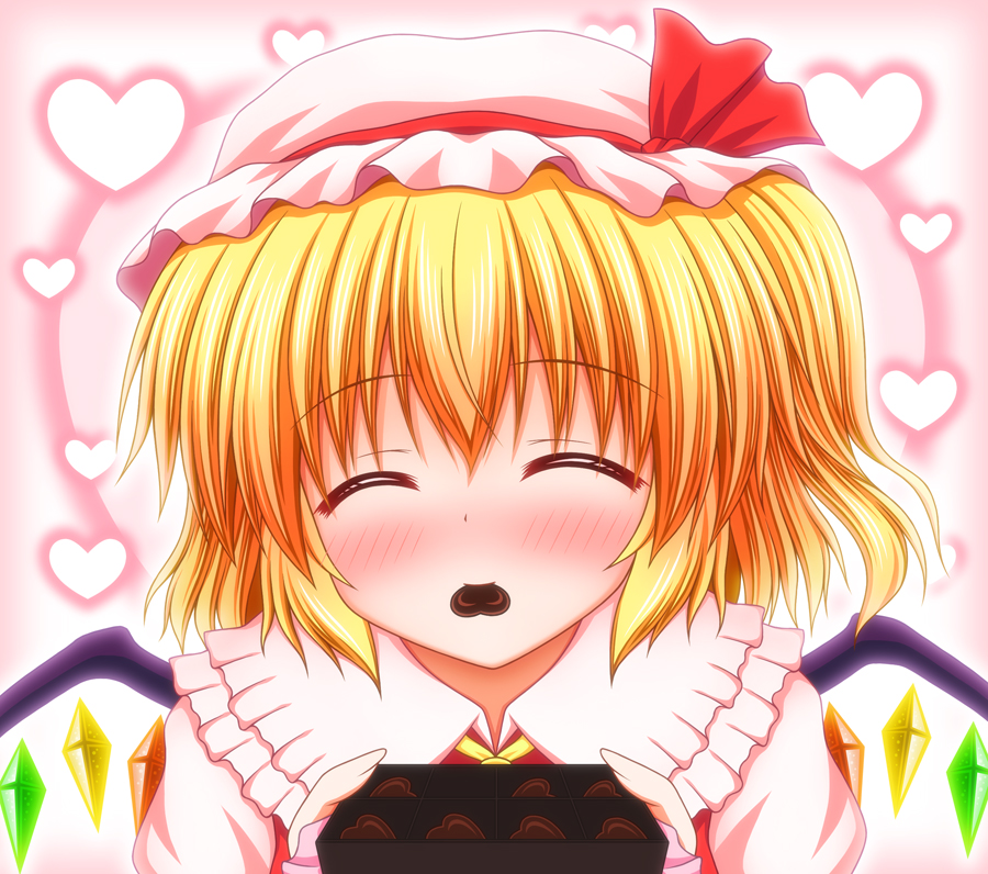1girl ^_^ ascot blonde_hair blush chocolate chocolate_heart closed_eyes dress face female flandre_scarlet hat hat_ribbon heart mouth_hold nagana_sayui puffy_sleeves red_dress ribbon shirt smile solo touhou upper_body valentine wings