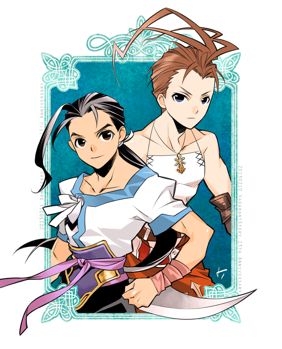 2boys ahoge anniversary antenna_hair ashley_riot bad_id bare_shoulders black_hair blue_eyes brown_eyes brown_hair company_connection copyright_name crossover english fei_fong_wong look-alike male_focus multiple_boys ponytail raven_(ambrosia) square_enix sword vagrant_story weapon xenogears