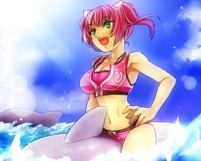 1girl asashin_(kazami-tomo) bad_id blue_sky breasts cleavage dolphin fang green_eyes hair_ribbon hand_on_hip kazami_tomo large_breasts lens_flare navel ocean open_mouth pink_hair ribbon riding sky solo swimsuit tankini umi_monogatari unzipped urin_(umi_monogatari)