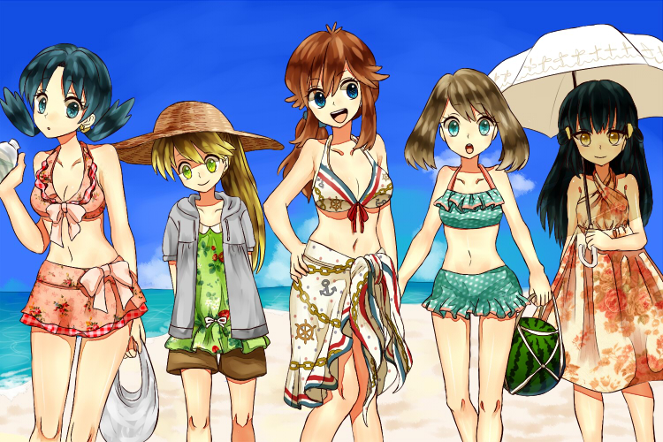 5girls alternate_costume beach bikini black_hair blonde_hair blue_(pokemon) blue_eyes blue_hair blue_sky bottle brown_eyes brown_hair crystal_(pokemon) dress food frilled_bikini frills front-tie_top fruit green_eyes hair_ornament hairclip hat long_hair looking_at_viewer melon multiple_girls ocean odamaki_sapphire platinum_berlitz pokemon pokemon_special rikurou sky smile straw_hat swimsuit twintails umbrella yellow_(pokemon)