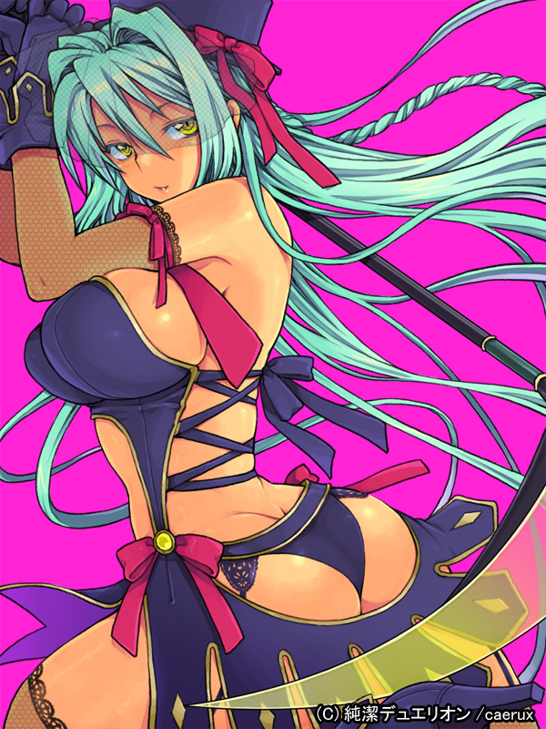 1girl ass back bare_shoulders blue_hair breasts cleavage eroe gloves hat junketsu_duelion large_breasts long_hair original ribbon smile solo underwear yellow_eyes