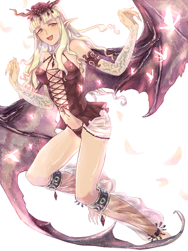 1girl bare_shoulders bat_wings blush breasts butterfly castlevania castlevania:_lament_of_innocence demon_girl lace leg_warmers open_mouth pointy_ears red_eyes salt_(reincarnation) silver_hair solo succubus succubus_(castlevania) tattoo tiara wings